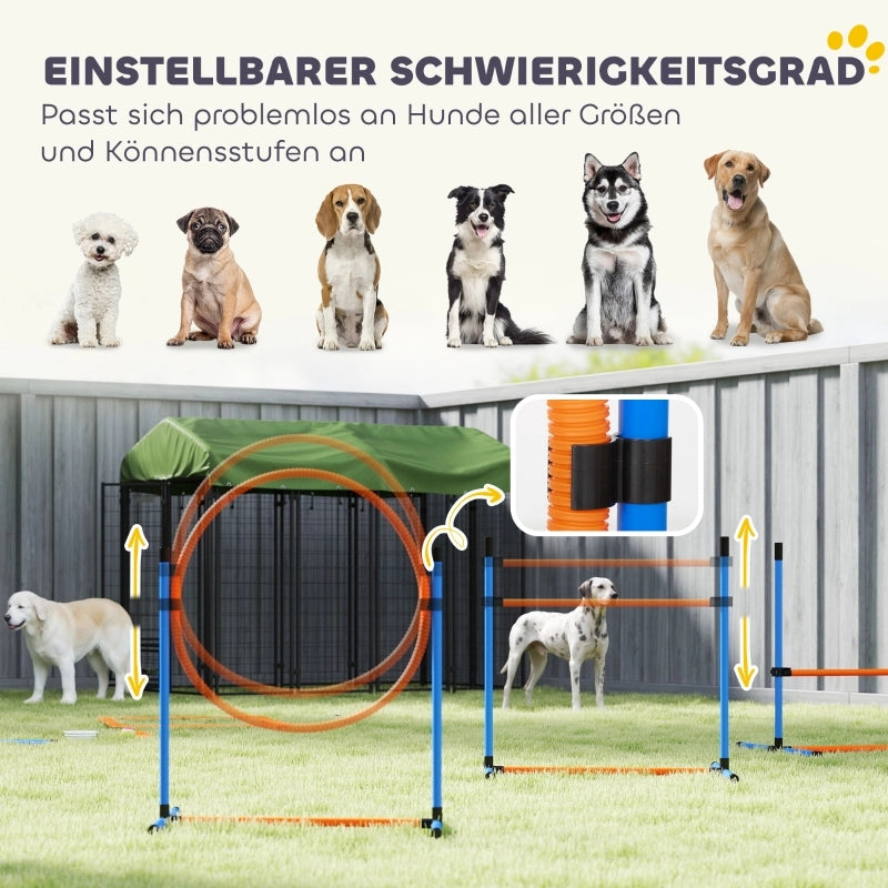 Set di agility per cani, 11 pezzi con 2 tunnel, anello per saltare e ostacoli regolabili in altezza, palo per slalom.