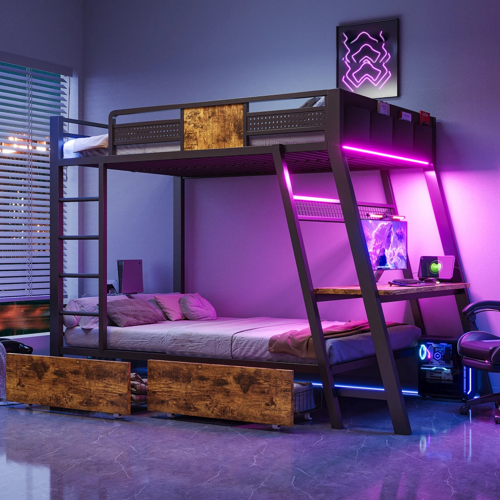 Letto a castello in metallo 90x200 cm con scrivania integrata e LED