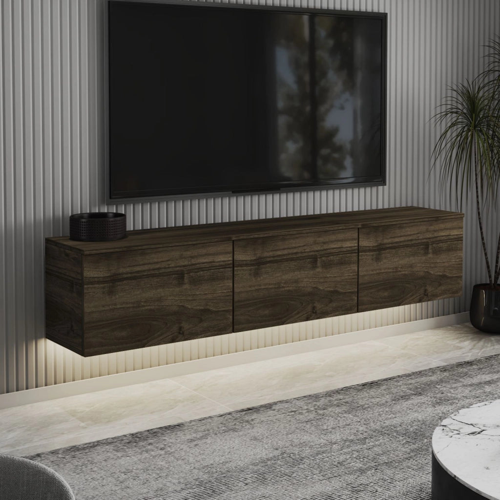 Mobile TV sospeso in legno "Neon" con illuminazione LED - 160 x 32 x 35 cm - Marrone scuro