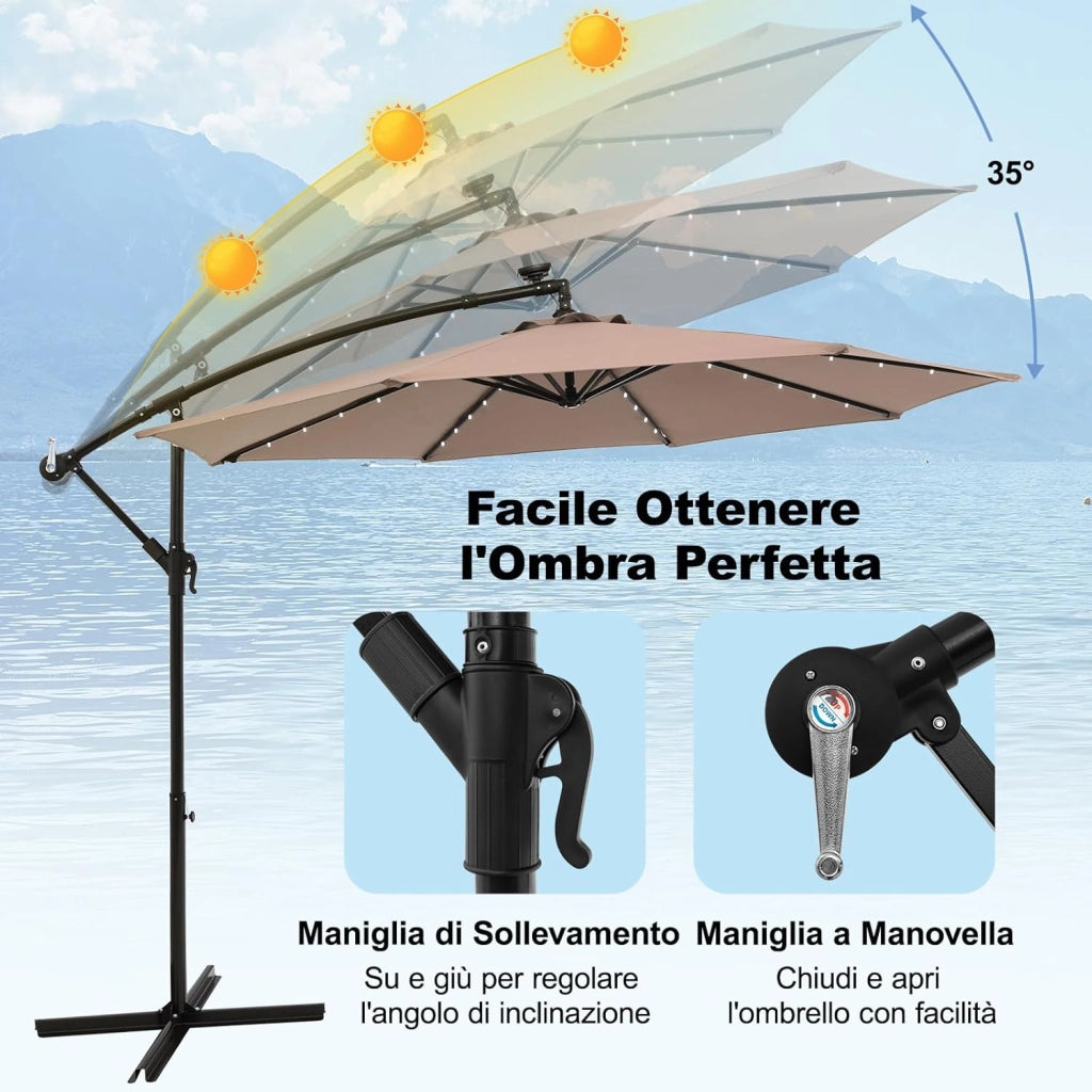 Ombrellone da Giardino 300 cm, 40 Luci LED Solari, Anti-UV, Inclinazione Regolabile, Manovella, 8 Stecche per Esterno Piscina Patio (Marrone)