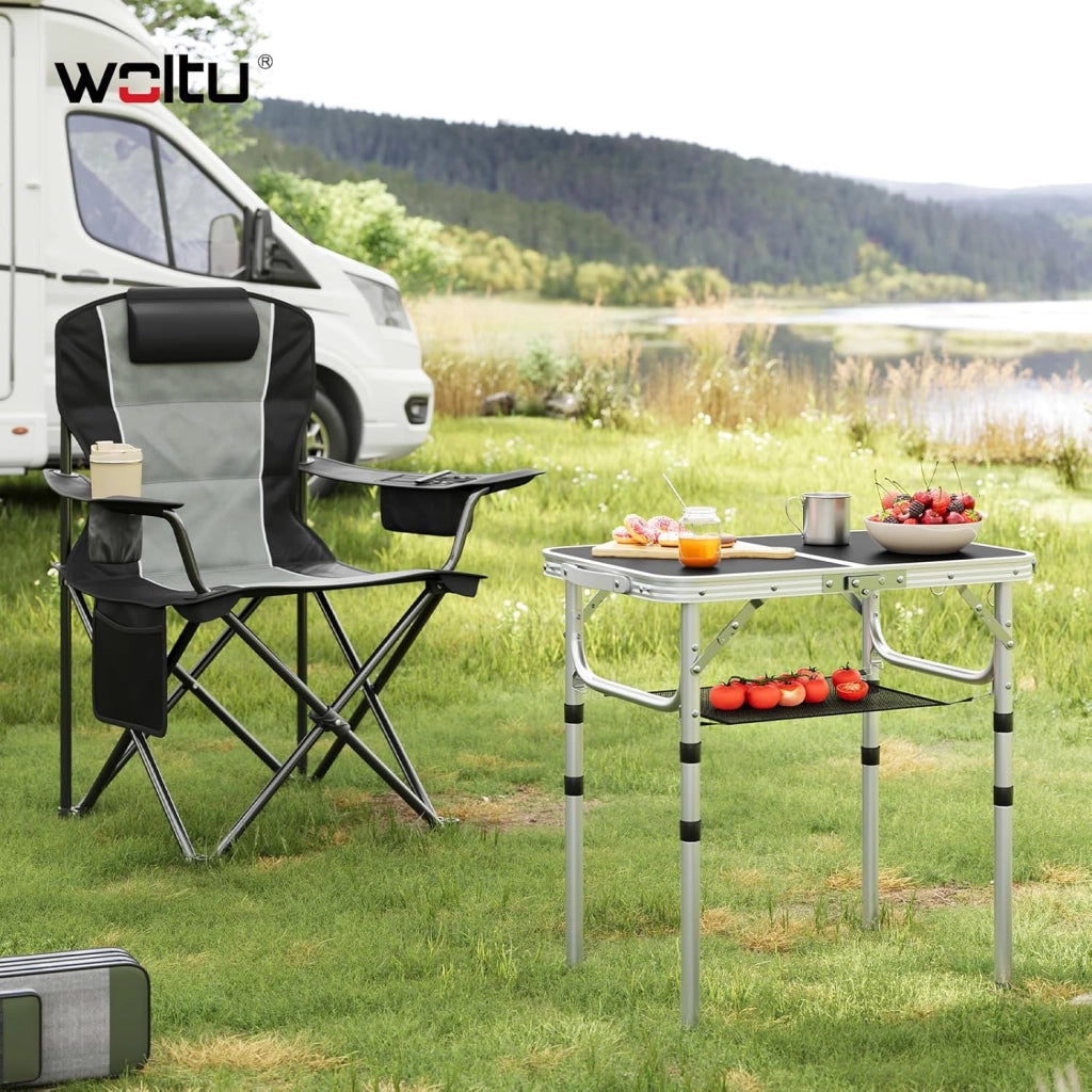 Tavolino Pieghevole Regolabile in Altezza 25/36/50/60 cm, Tavolo da Esterno con Ripiano in Rete Metallica, Piano in MDF 60x40 cm, Telaio in Metallo, per Campeggio, Barbecue, Giardino,Nero