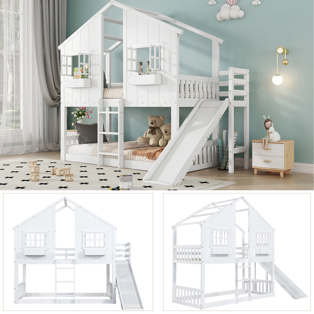 Letto a castello con scivolo in legno massello e MDF 90x200 cm