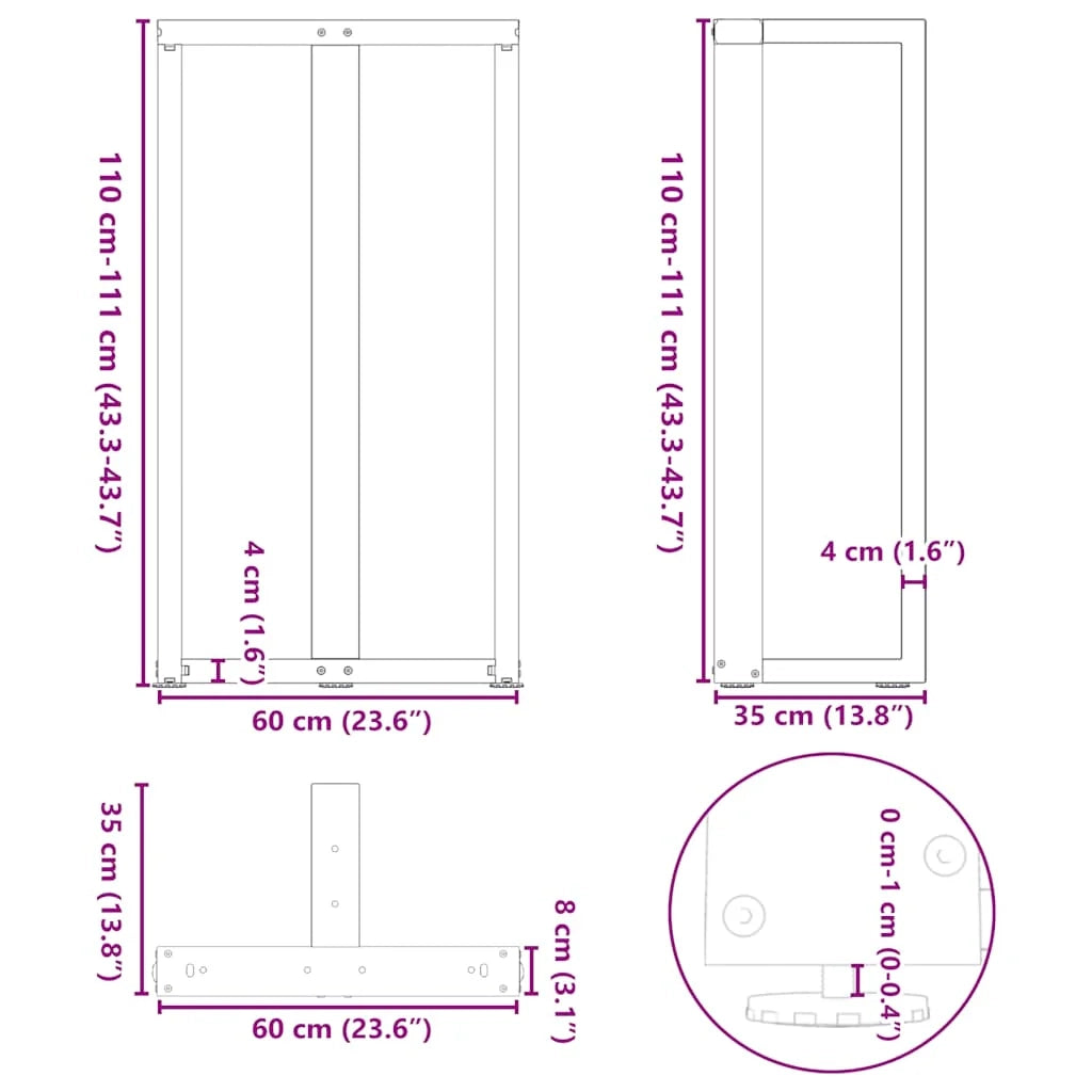 Set di 2 gambe per tavolo da bar a forma di T 60 x 35 x 111 cm con piedini regolabili design moderno metallo nero 02_0057367