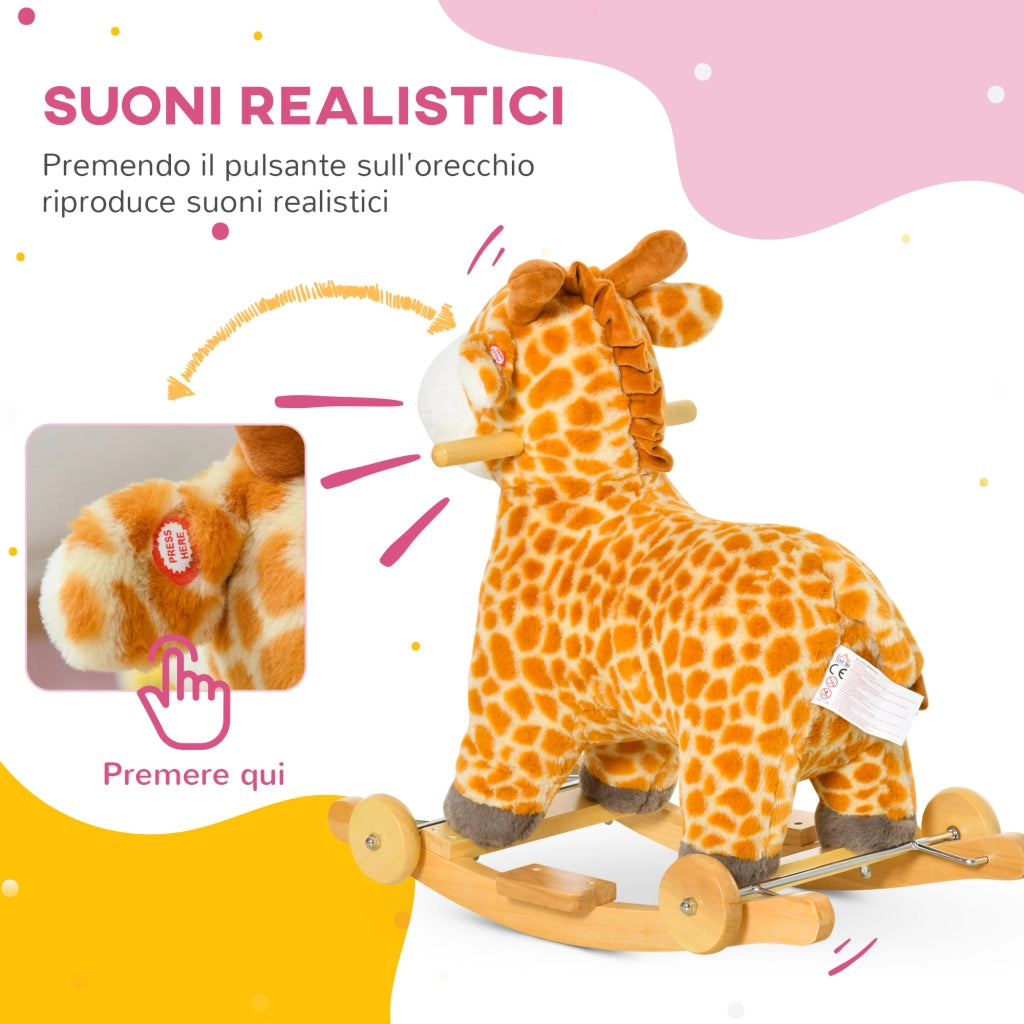 Cavallo a Dondolo Giraffa con Ruote e Suoni ¨C zephmum ¨C Giallo Legno 63x38x63cm