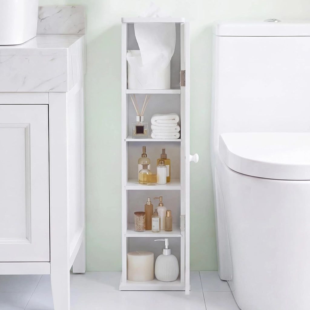 Mobiletto da Bagno a 5 livelli, Armadietto a Colonna Salvaspazio con Ripiani Rimovibili, Uscita per Carta Igienica e 2 Dispositivi Anti-ribaltamento per Ingresso, 16 x 16 x 69 cm (2)