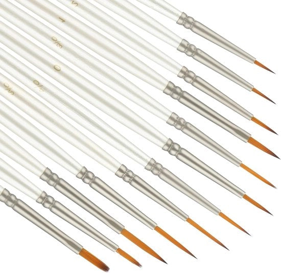 Set di pennelli dettagli - 12 pezzi per modelli miniaturistici - setole a pennello sottili con pelo di nylon per acrilico, aquarello, olio e guazzo (bianco)