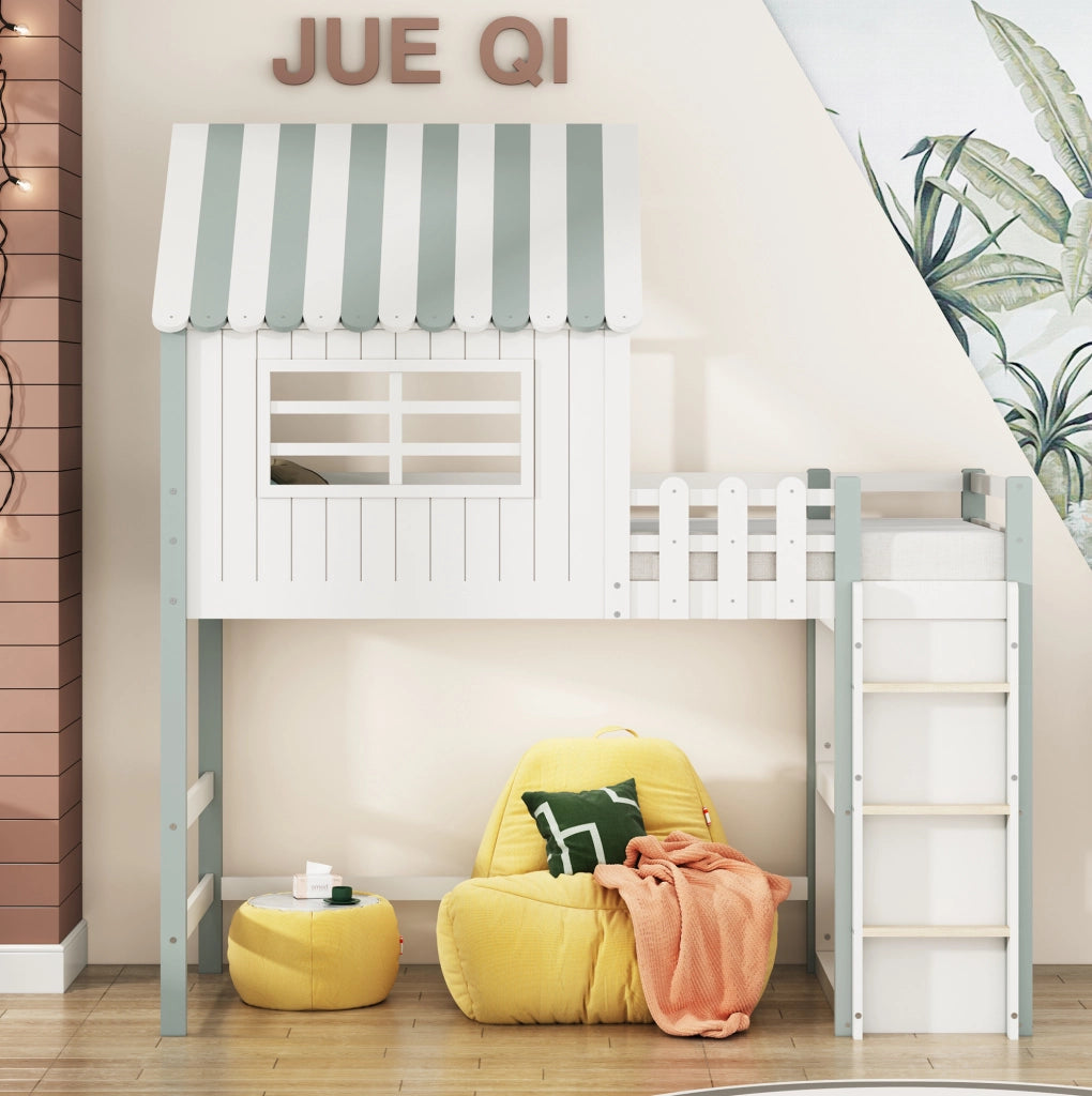 Letto per bambini a casetta 90x200 cm con scala di sicurezza e rete a doghe; legno massello verde