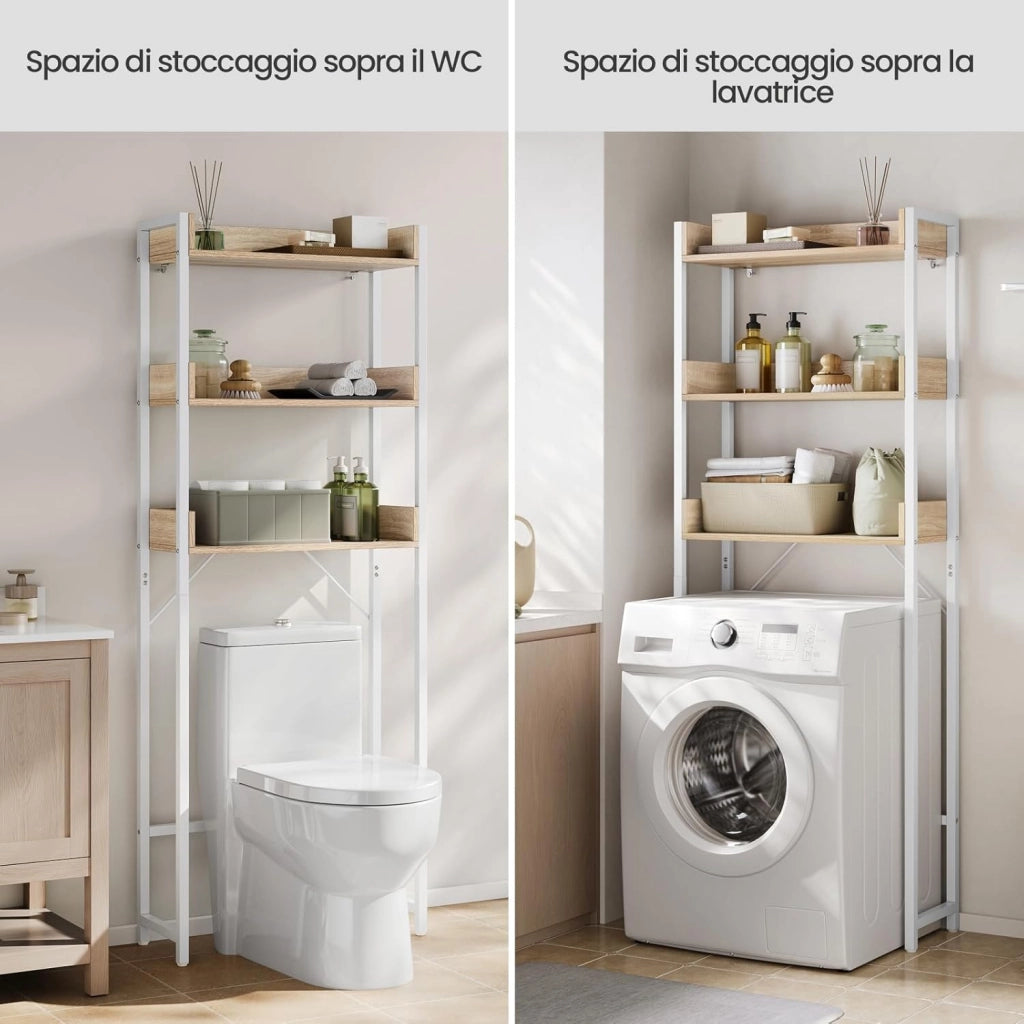 Mobiletto Bagno Salvaspazio, Scaffale Lavatrice con 3 Ripiani, per Lavanderia, Bagno, Soggiorno, Balcone, Legno e Metallo, Rovere Chiaro+Bianco, 63x25x166,5 cm