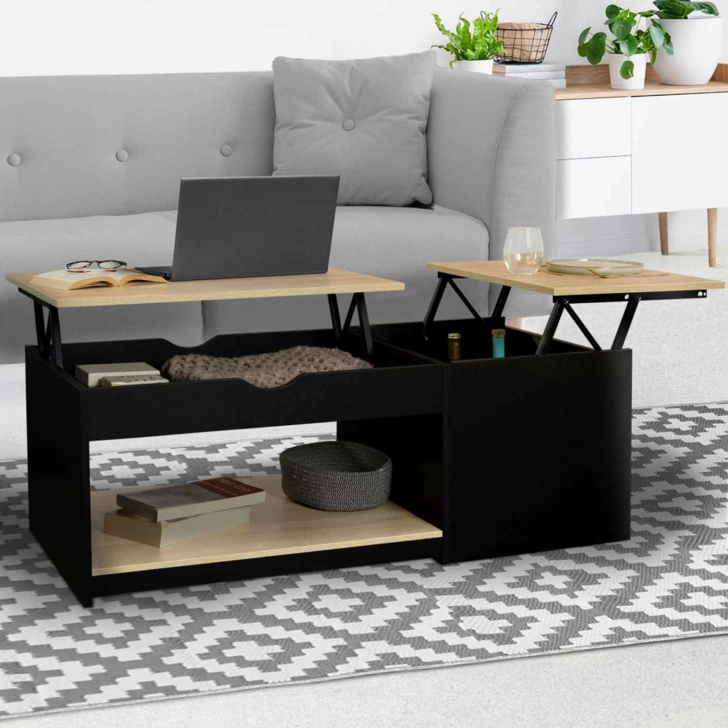 IDMarket - Tavolino rettangolare a 2 piani ELEA con cassa in legno nero ed effetto faggio