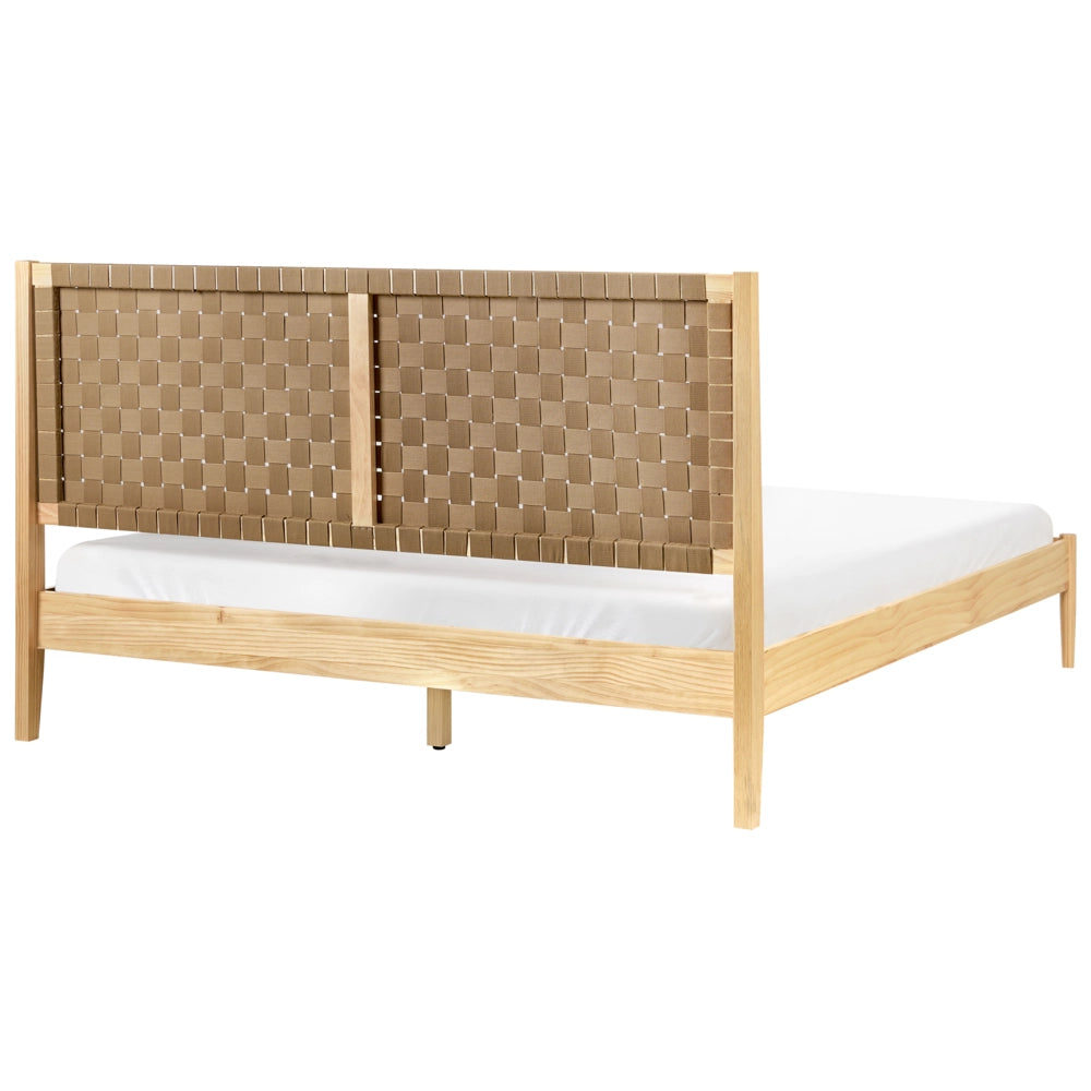 Letto minimalista con rete a doghe e testiera imbottita in legno di pino marrone chiaro 180 x 200 cm con base a doghe