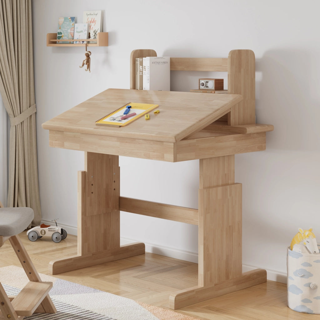 Scrivania lineare regolabile in altezza con piano inclinabile e leggio, per bambini, in legno massello naturale