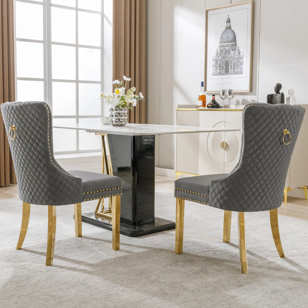 OKWISH Lot de 2 Sedie da Pranzo, con Anello Rotondo sullo Schienale, Borchie Decorative e Piedini Regolabili, Velluto Grigio