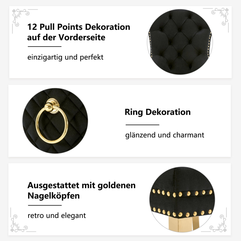 4 Sedie da Pranzo con Anello sullo Schienale; Borchie Decorative e Piedini Regolabili; Velluto; Nero