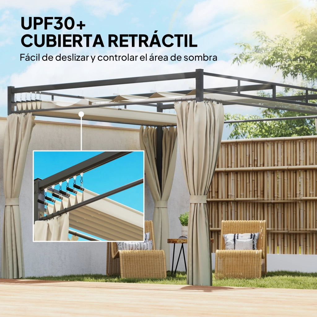 Pergola da giardino 3x3 m con tetto retrattile e tende UV30+ ¨C zephmum ¨C struttura metallica beige