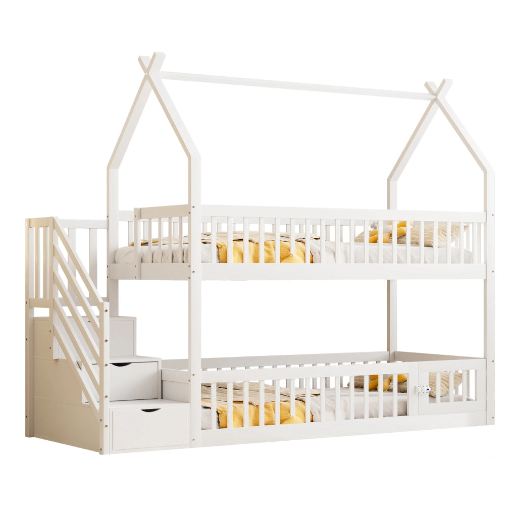 LETTO a castello per bambini 90x200 cm in legno massello bianco con tetto