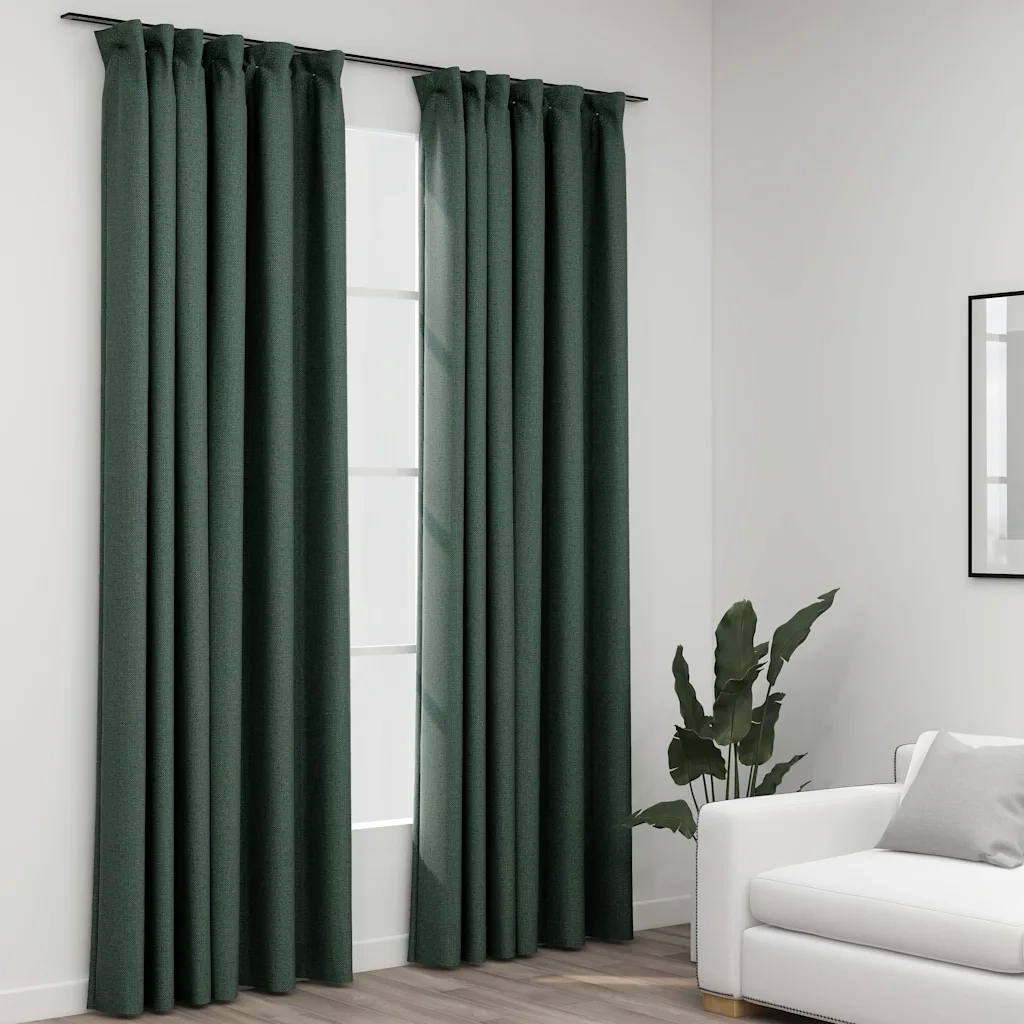 Tende Oscuranti | Tende Blackout con Ganci Effetto Lino 2 pz Verdi 140x225 cm