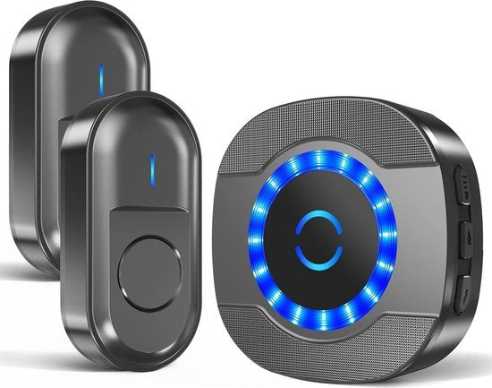 Interfono per porta d'ingresso - Senza fili - 300m di portata - Impermeabile - 2 trasmettitori - Batterie - 55 suoni di campanello - 5 livelli di volume - LED lampeggiante
