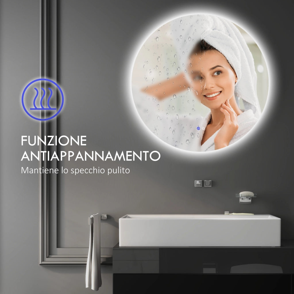 Specchio Bagno Ø60 cm con Luci LED Regolabili Interruttori Touch e Design Antiappannamento