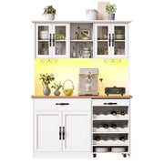 Credenza cucina alta con carrello estraibile; illuminazione LED; 4 ante in vetro; cassetto; portabicchieri e portabottiglie; per cucina e sala da pranzo; 140 × 38 × 180 cm