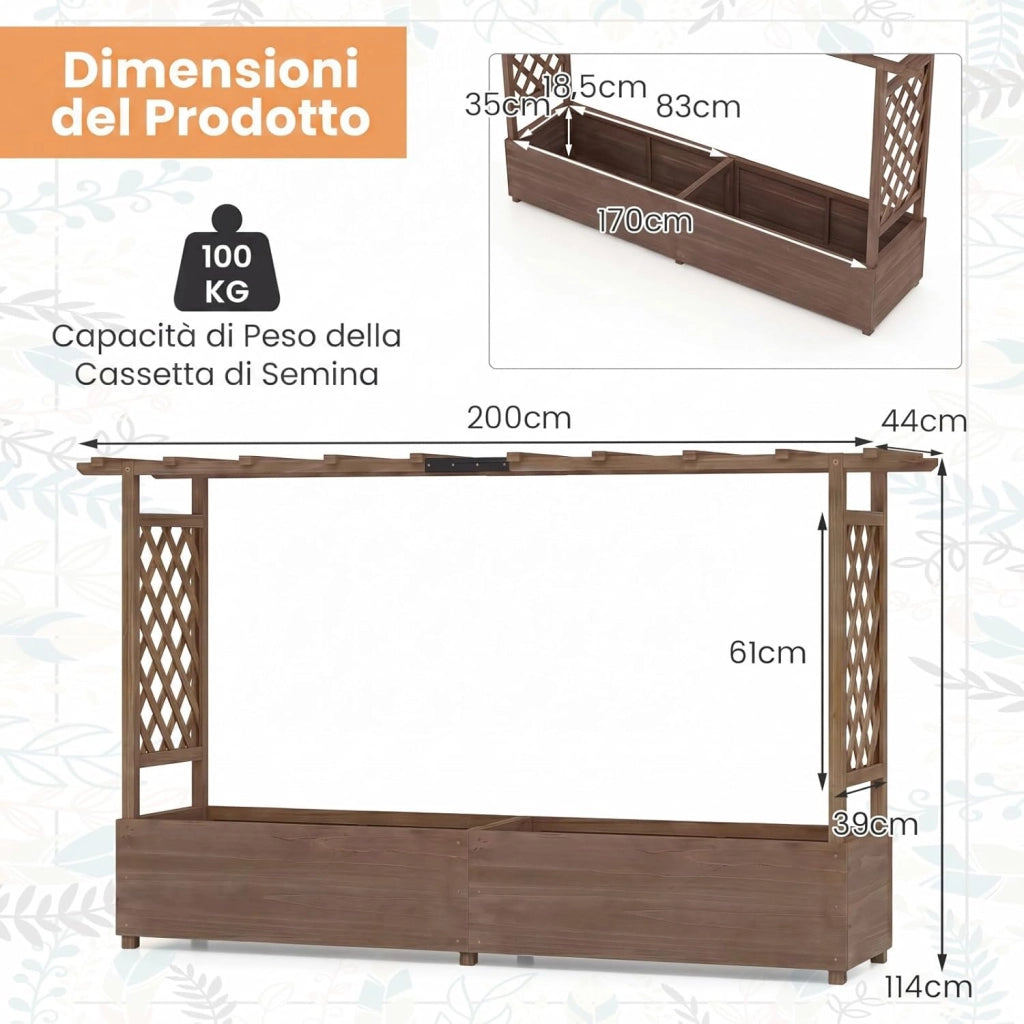 Fioriera Rialzata con Grigliato, Aiuola Rialzata con Traliccio per Piante Rampicanti e Fori di Drenaggio, Orto Elevato da Giardino, Terrazzo e Cortile (Marrone,200 x 44 x 114 cm)