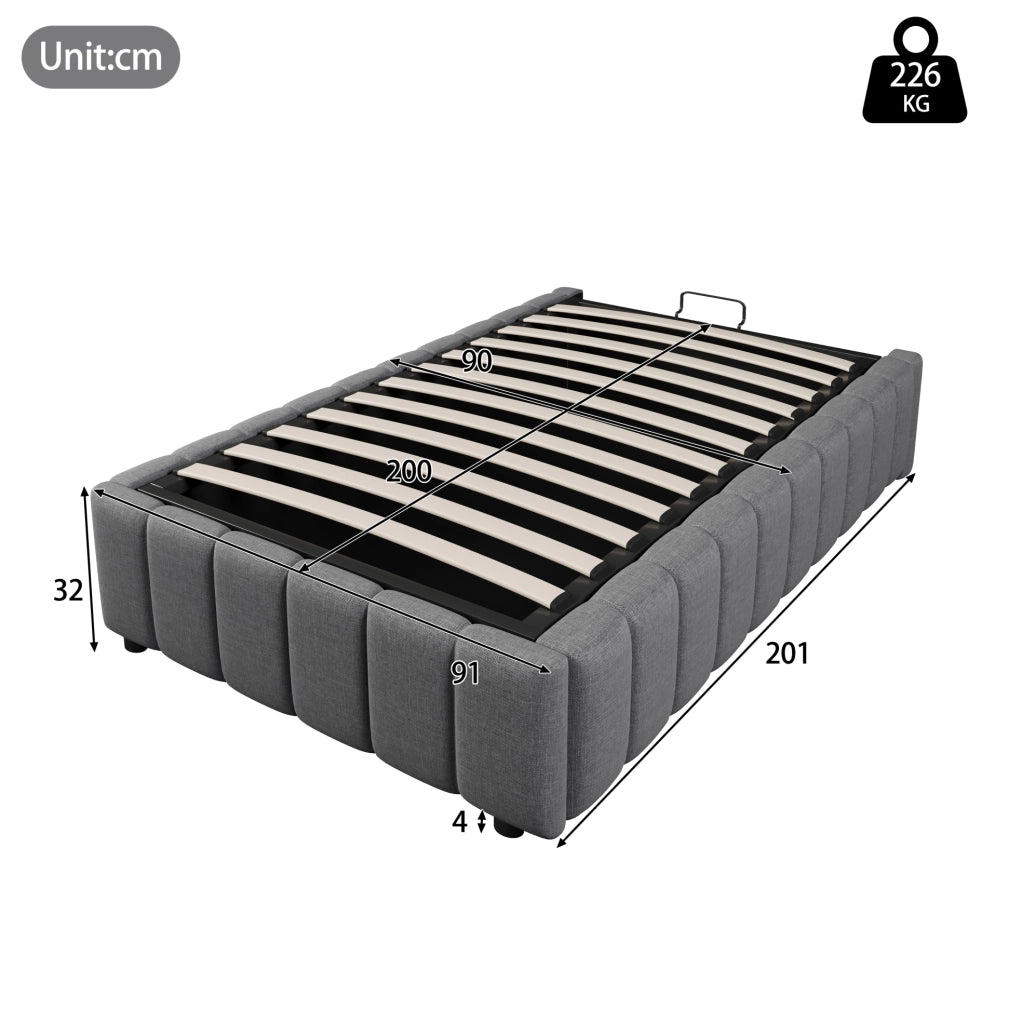 Letto singolo imbottito 90x200 cm grigio con contenitore idraulico in lino e MDF