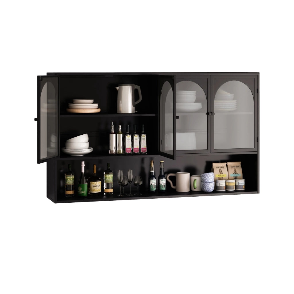 Mobile pensile con 4 ante in vetro e metallo per cucina e soggiorno nero 120 × 23 × 70 cm