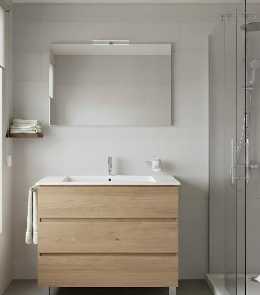 Mobile Bagno BALDER Già Montato 3 cassetti con piedini, lavabo e specchio Estepa 120x45 cm 1 lavabo