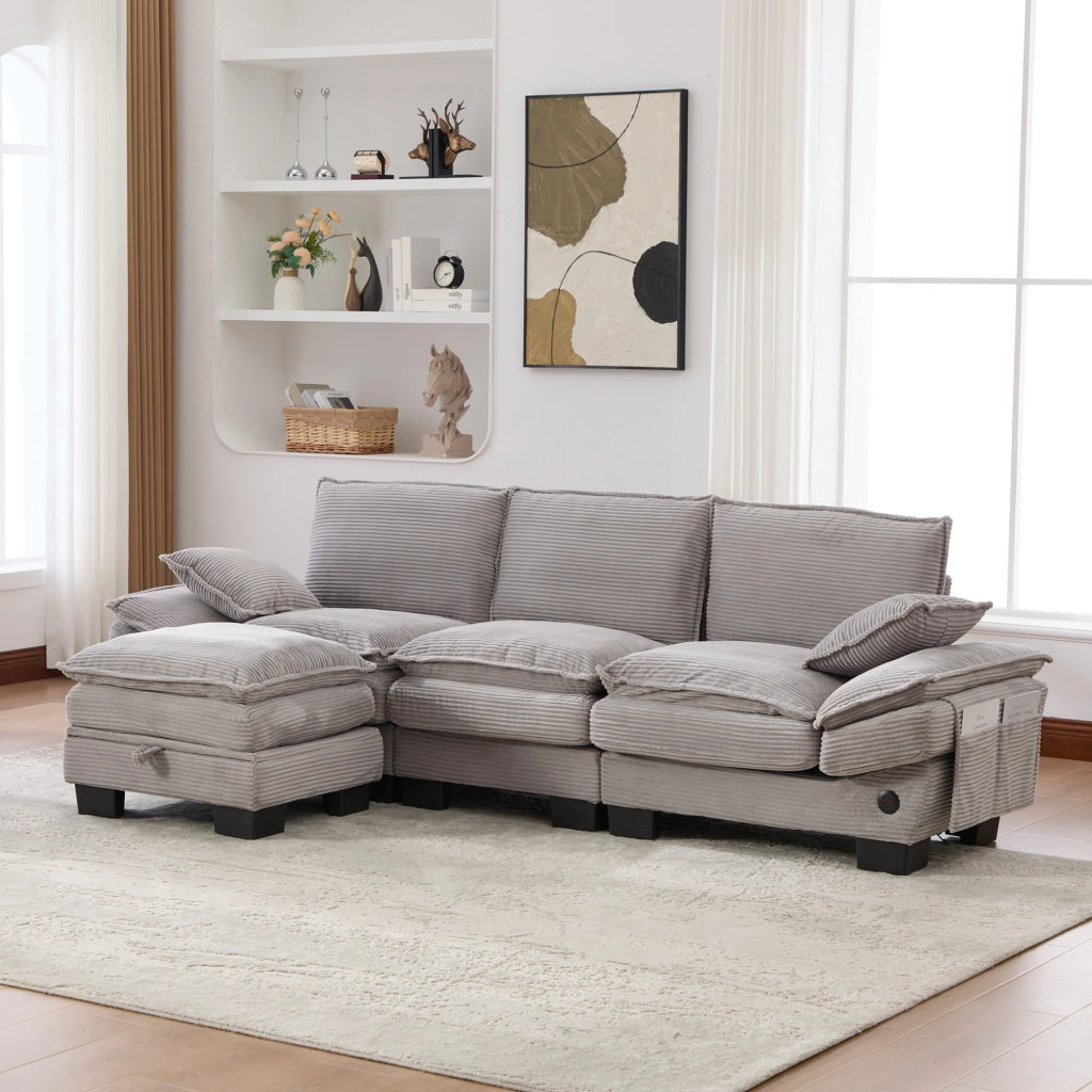Divano modulare 3 posti con pouf; in tessuto effetto corda grigio chiaro; 260x132x84 cm