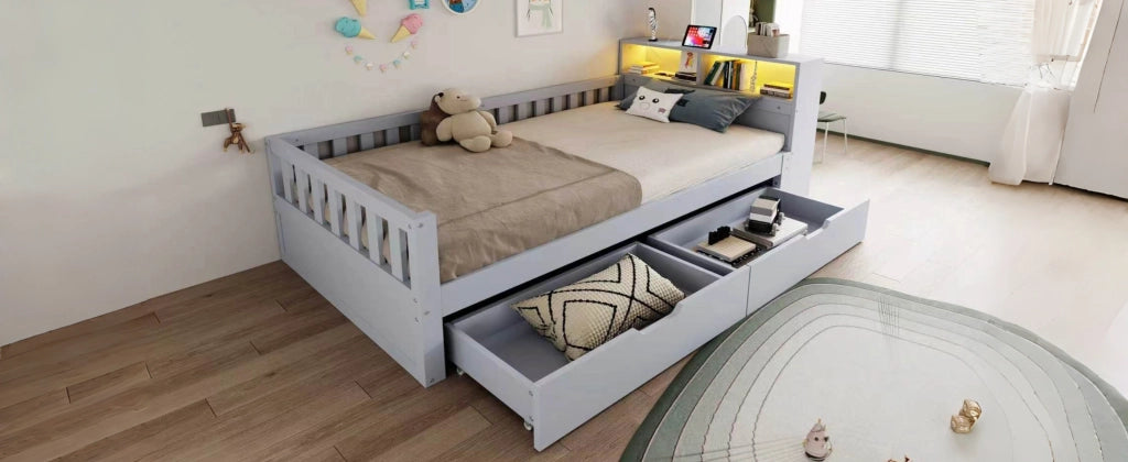 Letto singolo 90 × 200 cm con cassetti, ripiani, illuminazione led, prese usb e type-c, senza materasso, grigio