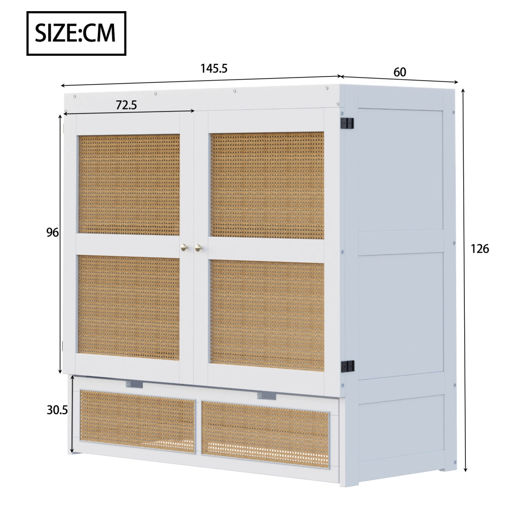 Letto pieghevole matrimoniale 140×200 cm con cassetti e design rattan; senza materasso; legno; bianco