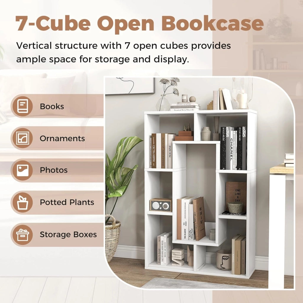 Scaffale per libreria, divisorio in legno, con 7 scomparti, 60 x 20 x 90 cm, per soggiorno, studio e camera da letto (bianco)