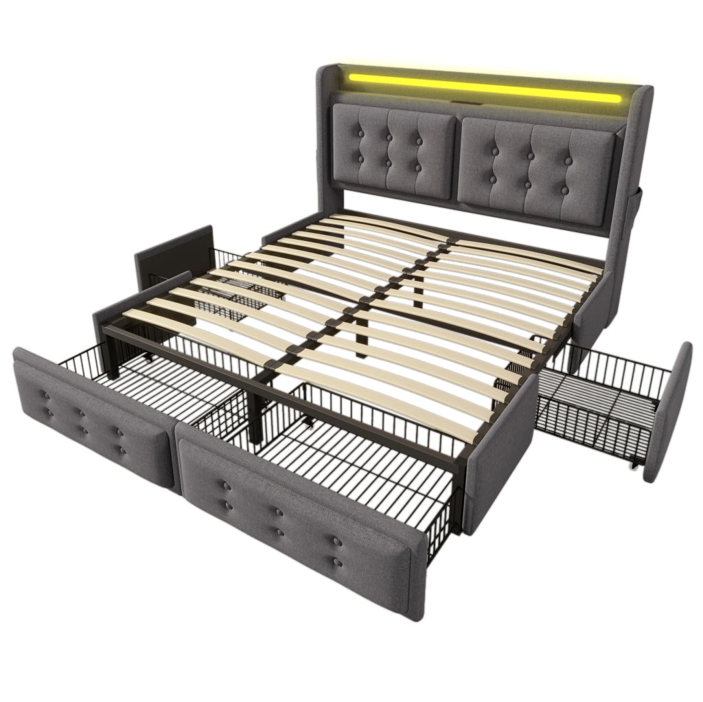 Letto matrimoniale 140x200 cm con LED; USB C e 4 cassetti; tessuto cotone e lino grigio