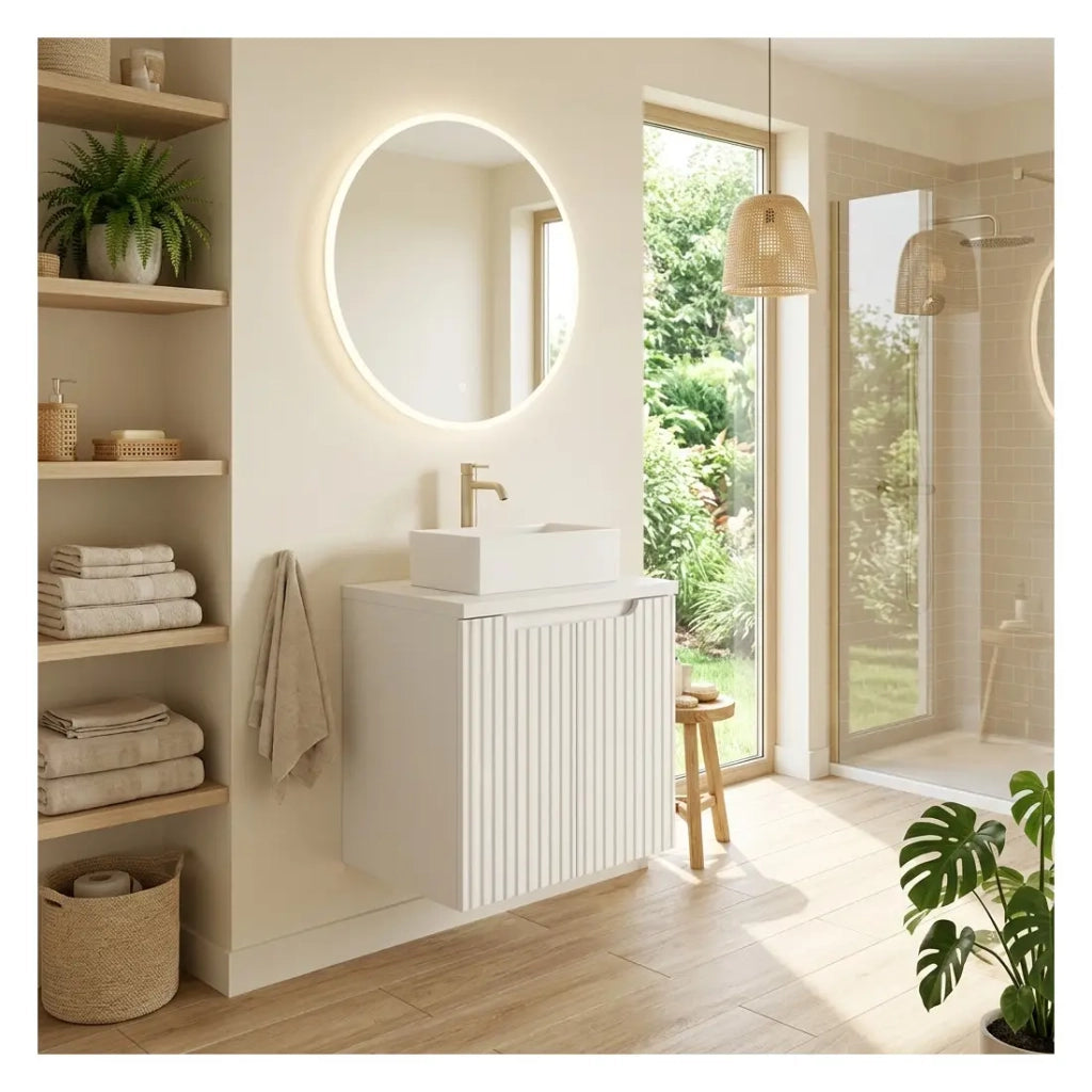 Set da bagno VANO bianco 50cm: mobiletto sottolavabo con armadietti + piano per lavabo bianco + lavabo da appoggio rettangolare