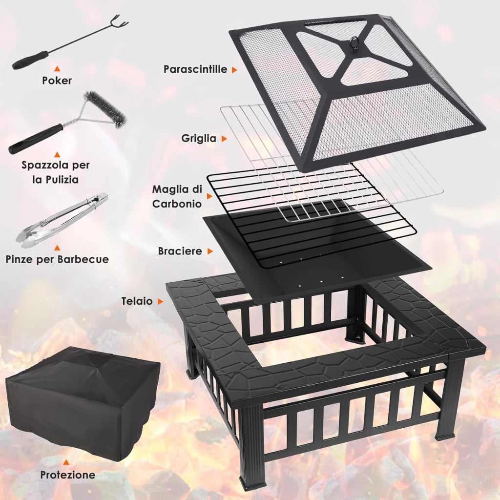 Braciere Barbecue con Griglia, Braciere da Esterno, 81cm Braciere da Giardino in Ferro,con Griglia, Attizzatoio,Parascintille, Copertura Impermeabile,Pinze per Grill,Spazzola,4 pcs Gamba