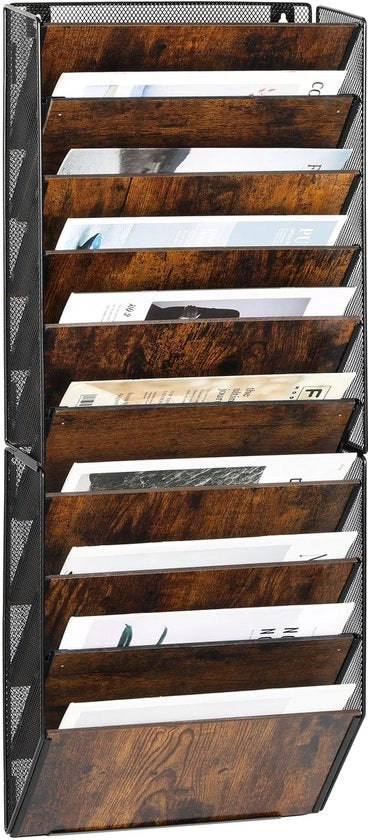 Organizzatore di parete per documenti, A4, con 10 compartimenti in legno, nero antico.