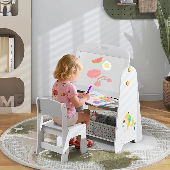 Set Tavolo e Sedia per Bambini, Lavagnetta Cancellabile Bambini con Sedia, Scaffale, 2 Contenitori in Tessuto, Gomma e Gessetti, Ideale per Disegno (Grigio)