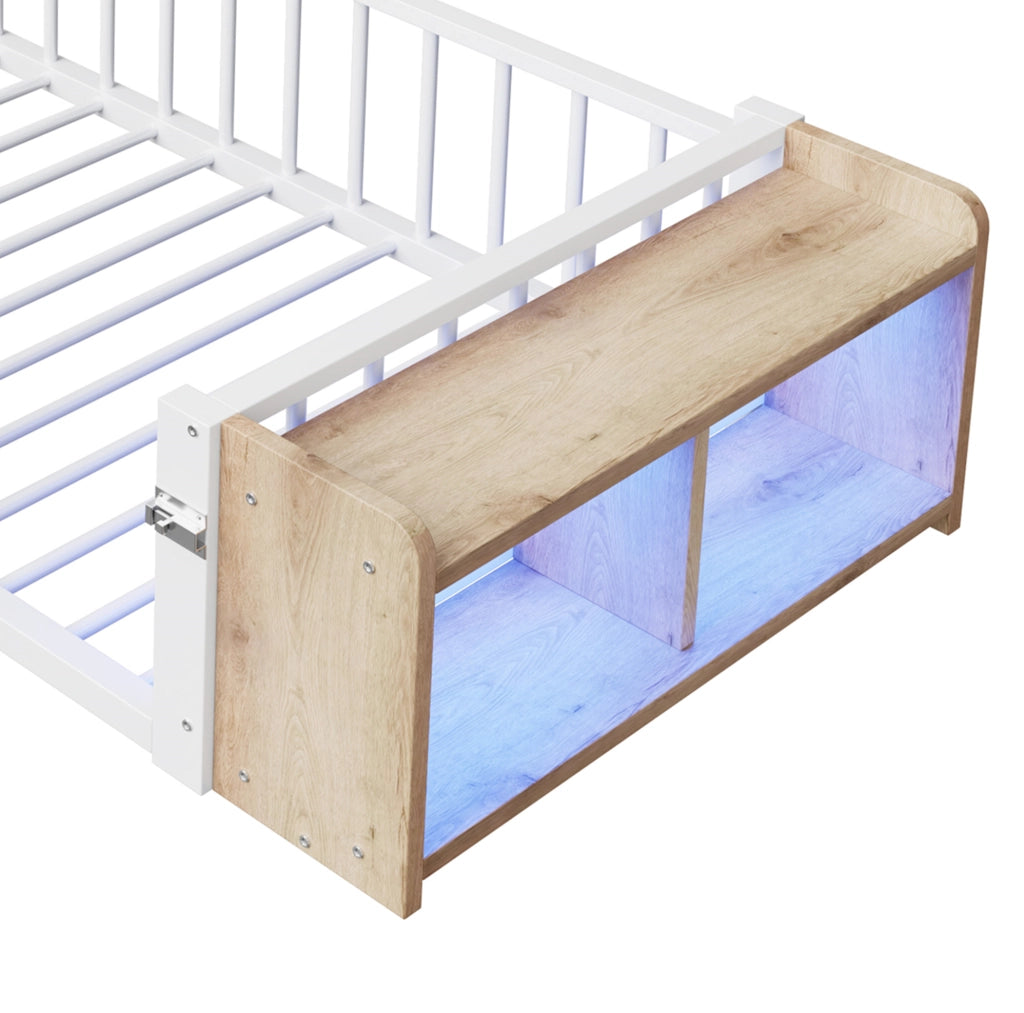Letto singolo in metallo con protezione laterale, vano aperto e illuminazione LED