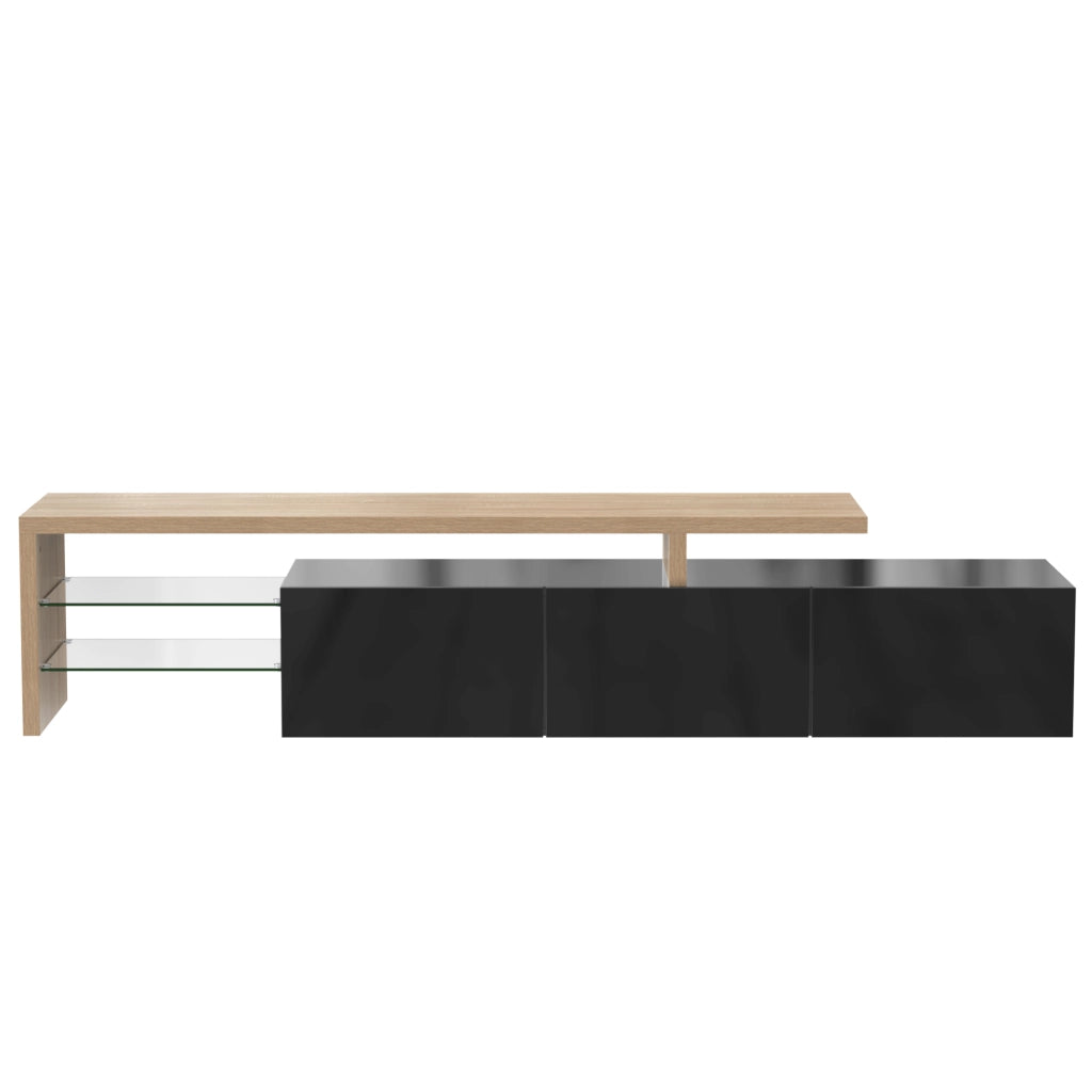 Mobile TV 197.5x39x42 cm; con ripiani in vetro e LED a 7 colori; MDF e vetro; colore naturale e nero