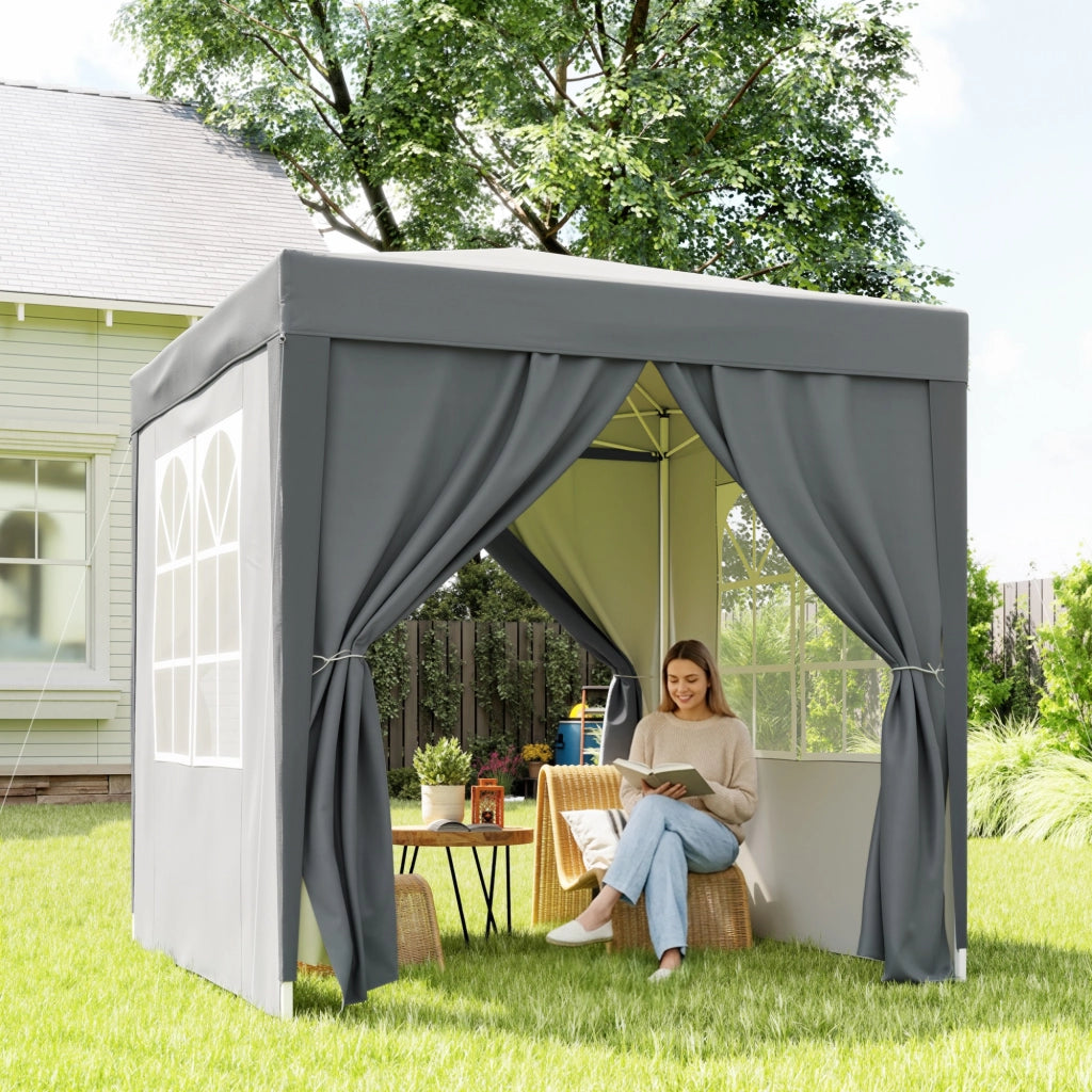 Gazebo Pieghevole 2x2 m con 4 Pareti Rimovibili in Metallo e Poliestere Grigio