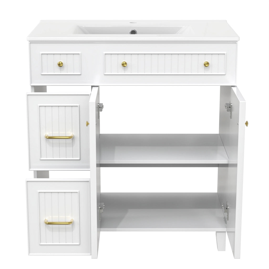 Mobile bagno freestanding con lavabo in ceramica, struttura in MDF laccato, gambe in legno massiccio e spazio contenitivo multiuso