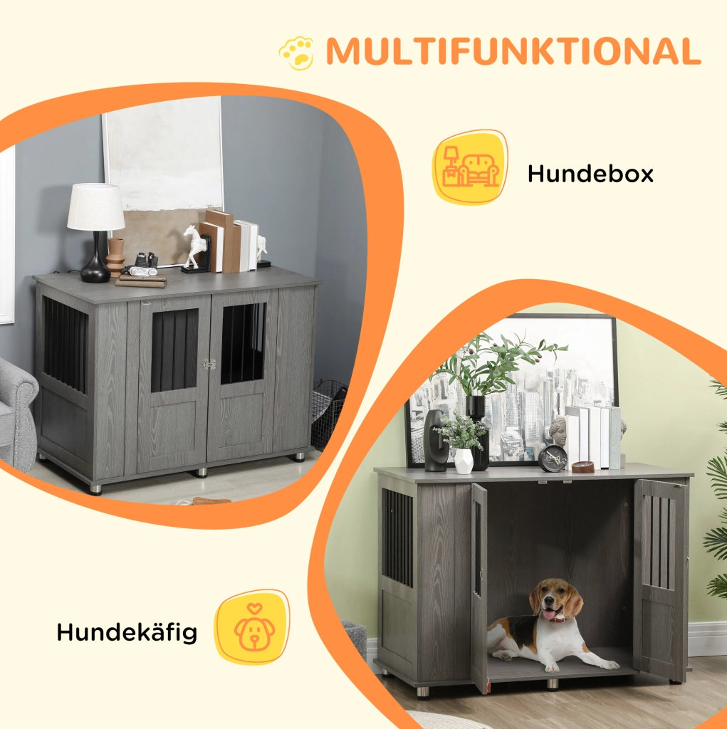 Gabbia per cani grande in legno grigio con tavolo integrato
