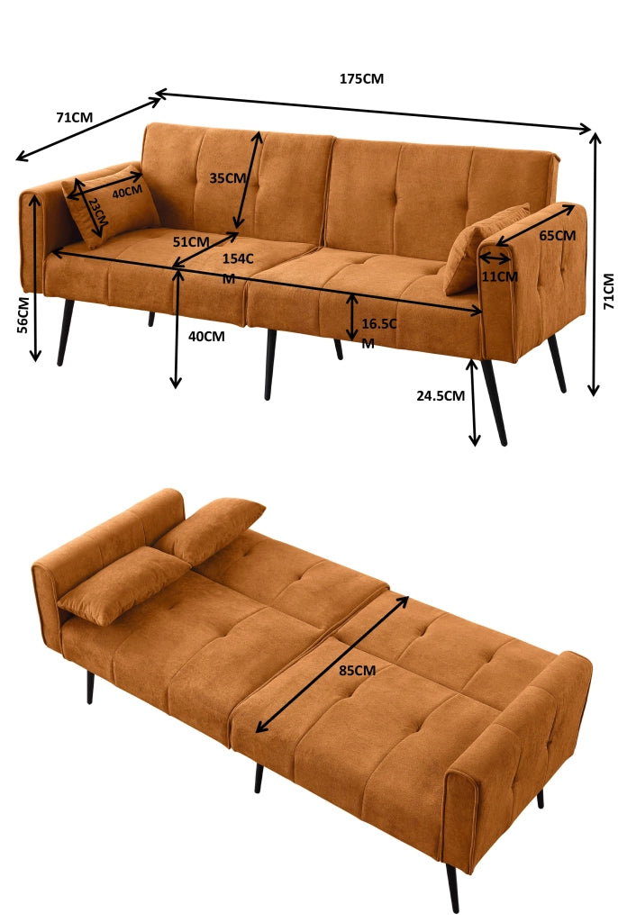 Divano letto futon pieghevole con struttura in legno e piedi in metallo in tessuto a coste arancione per salotto e studio