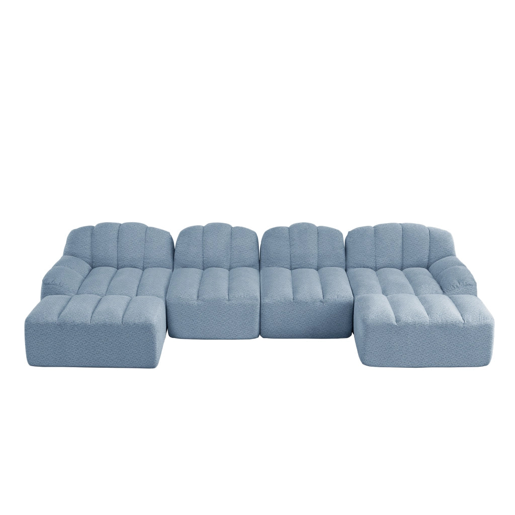 Divano angolare modulare a 4 posti con 2 pouf, seduta profonda e schienale ergonomico in tessuto blu per soggiorno