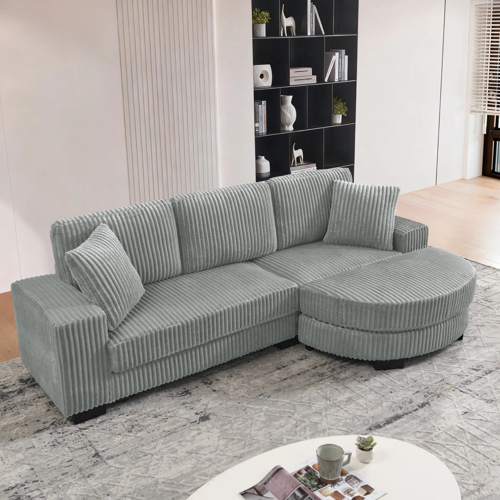 Divano angolare modulare a L con pouf ovale e 2 cuscini in corduroy, seduta confortevole grigio 256.5 × 133.5 × 89 cm