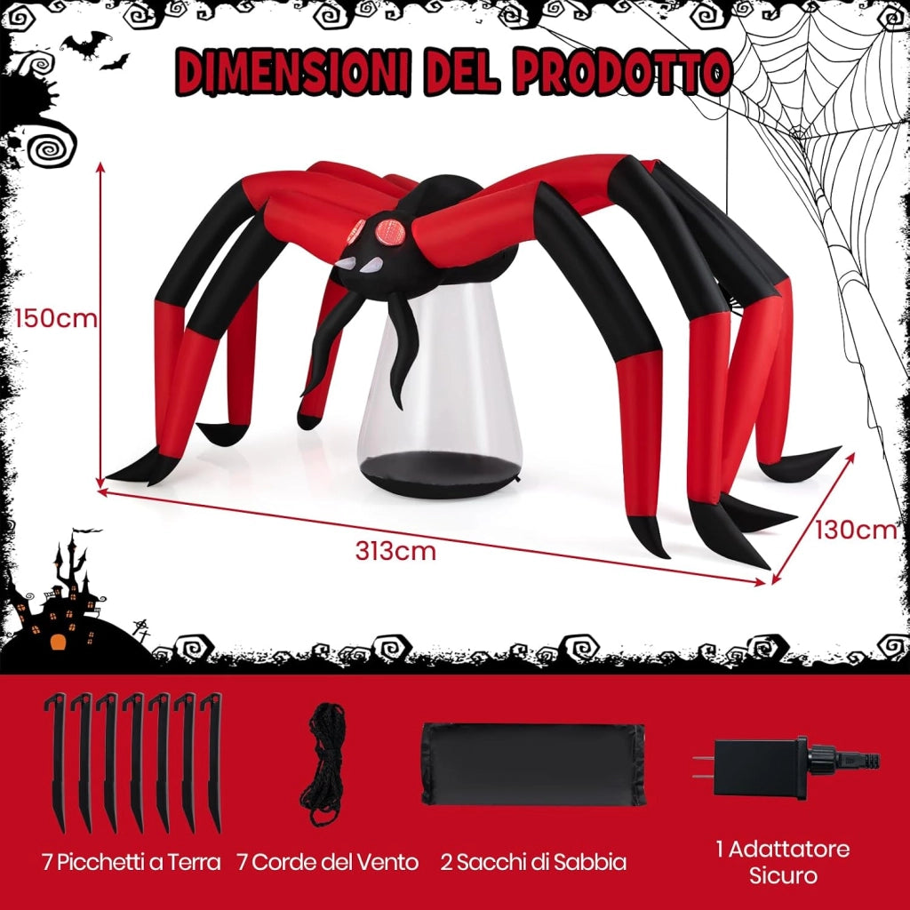 COSTWAY Ragno Gonfiabile di Halloween, Ragno Spaventoso Gonfiabile per Giardino con Occhi Illuminati a Tunnel Rossi, Decorazione da Giardino Festiva con LED e Picchetti, per Prato e Festa
