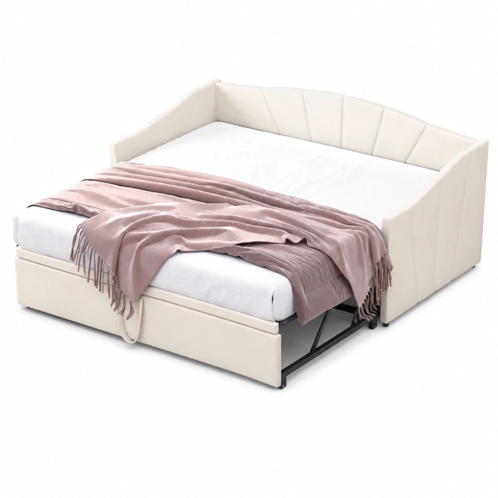 Divano letto 90x200 cm Estraibile; rete in legno; velluto beige; senza materasso