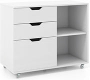 Cassettiera Ufficio, Mobiletto Rimovibili in Legno con 3 Cassetti Regolabili, 2 Scomparti e Ruote con Freno, Credenza Multiuso per Soggirno e Ingresso (Bianco)