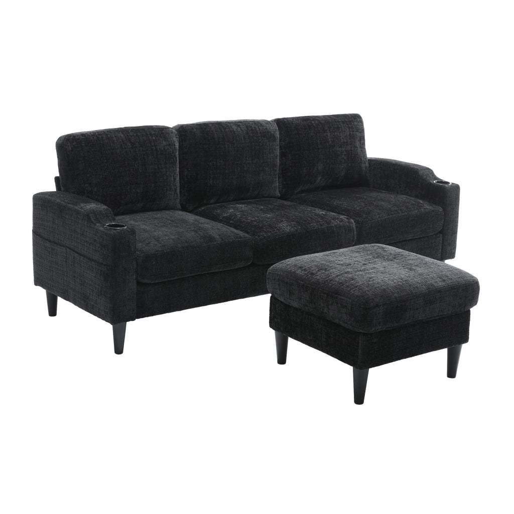 OKWISH Divano Modulare 4 Posti con Pouf Contenitore, Portabicchieri e Tasche Laterali, Ciniglia Nero