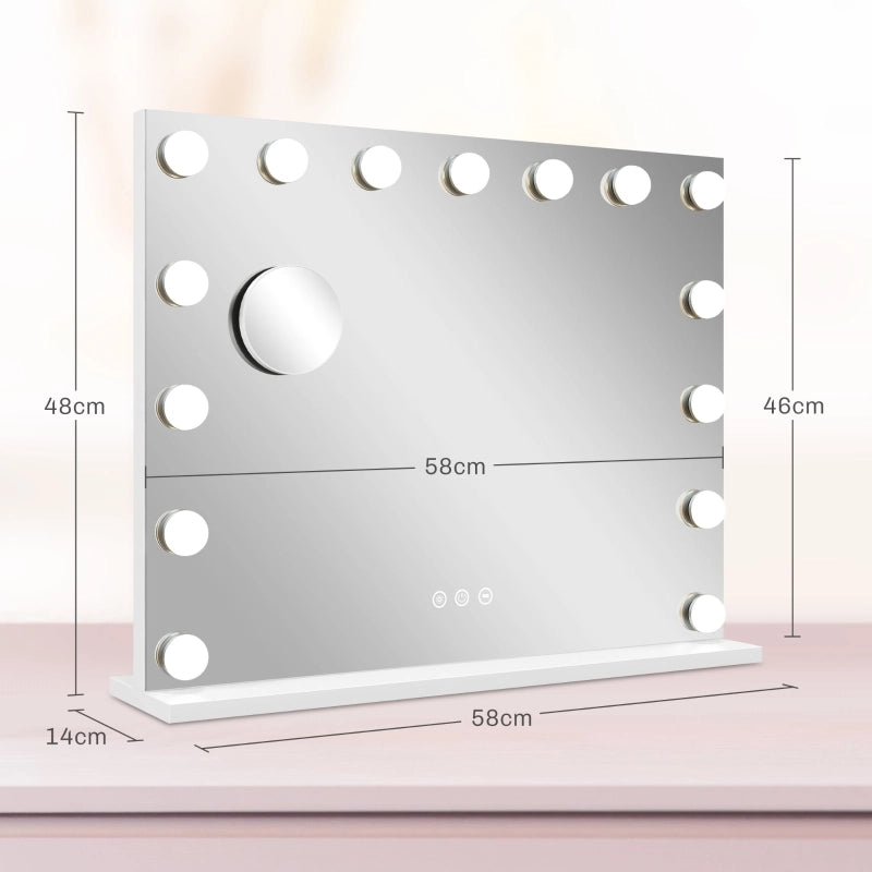 Specchio cosmetico LED 58x48 cm con 3 modalità luce, dimmer, USB e montaggio a parete, bianco