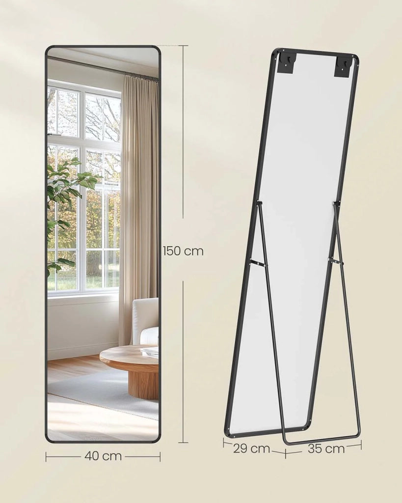 Specchio a figura intera 150 x 40 cm specchio rettangolare autoportante con cornice in lega di alluminio e vetro temperato per camera da letto soggiorno o guardaroba nero 12_0006610